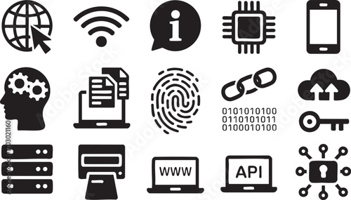Technology and Digital Security Icons with Globe Wi Fi Fingerprint and CPU Keywords: technology, digital, security, data, internet, network