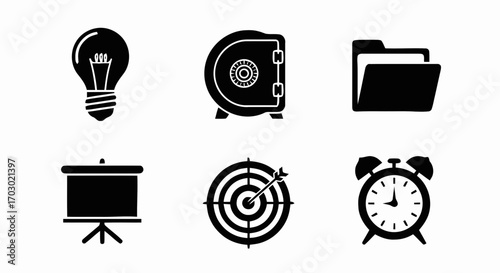 Black Business Icons Set – Corporate and Office Vector Symbols