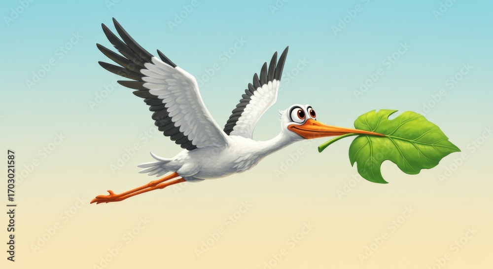 Obraz premium Cartoon-style Stork Delivers a Leaf A Whimsical Nature Illustration