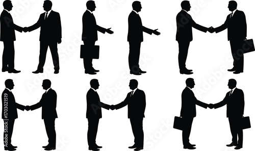 Silhouettes of businessmen shaking hands, standing, holding briefcases, engaging in formal communication, representing corporate partnership, negotiation, agreement, professionalism, teamwork, 
