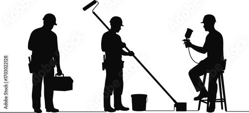 Silhouettes of Construction Painters Using Roller and Spray Tools While Working on Site in Industrial and Manual Labor Vector Illustration
