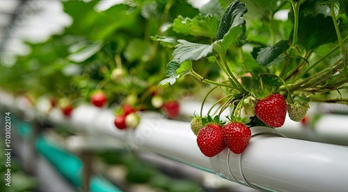 Ripe red strawberries growing in hydroponic system