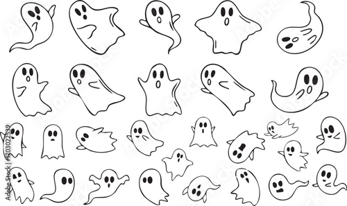 Halloween Ghost Faces Doodles Vector Set – Spooky Cartoon Illustrations
