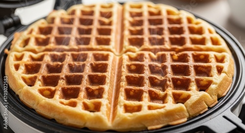 Golden brown waffles cooking in a waffle maker, ready to serve hot