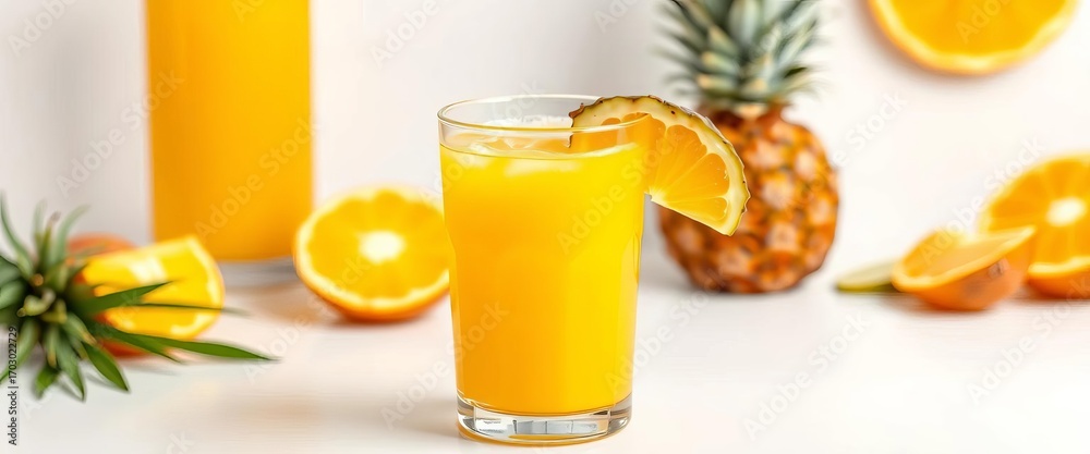 Fototapeta premium Refreshing glass of pineapple juice, vibrant yellow, white background, texture, liquid