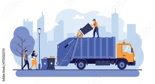 Urban sanitation workers collect waste with heavy duty truck in busy city district street scene