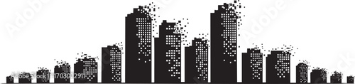 Abstract cityscape silhouette with pixelated buildings dissolving into squares Keywords: cityscape, city, skyline, urban, silhouette, buildings
