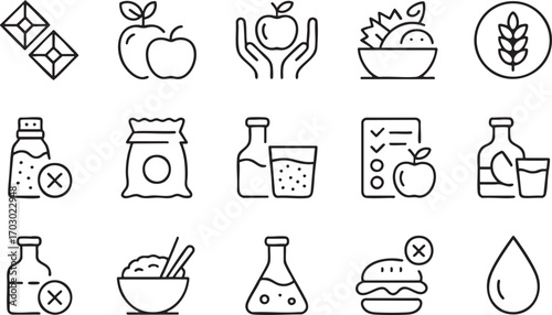 Assortment of Food and Health Related Icons in Black Outline on White Background Keywords: food, health, icon, apple, fruit, bottle, drink, glass