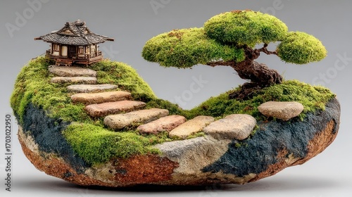 Fototapeta Naklejka Na Ścianę i Meble -  Bonsai tree on moss with stone path