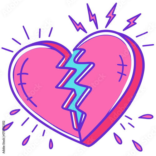 Expressive broken heart art for Valentine's Day with lightning bolt crack design element for graphic projects