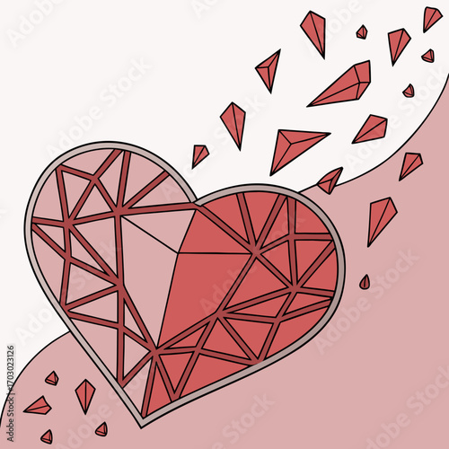 Geometric heart bursts into pieces, modern love concept for design and Valentine's Day themes