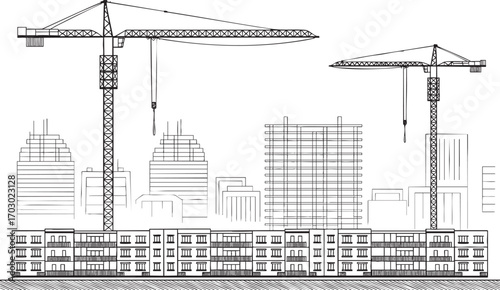 Black and white line drawing of a city skyline with construction cranes and buildings Keywords: construction, crane, building, city, skyline