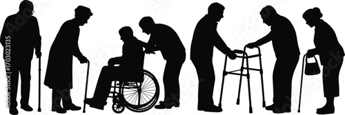 Silhouettes of elderly people using walking aids, wheelchair assistance, senior care, aging support, mobility help, healthcare, elderly lifestyle, compassion and care