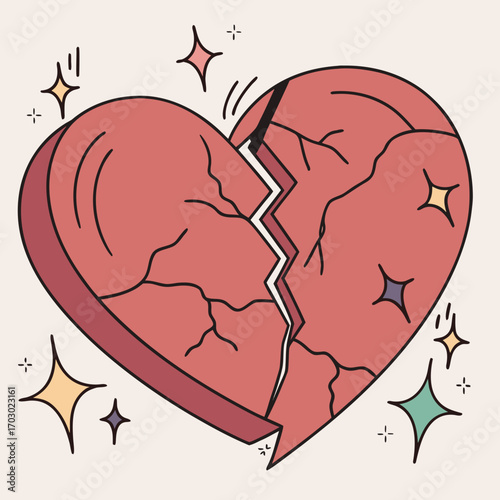 Heartbreak and healing concept with broken heart and stars for romance and relationship issues