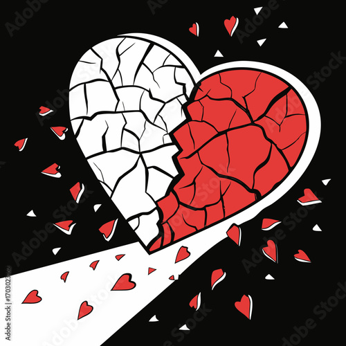 Heartbreak concept art with shattered pieces and falling red hearts, a symbol of loss and pain