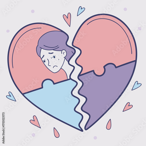 Heartbroken girl with puzzle heart, representing loss, sadness, and relationship breakup concept
