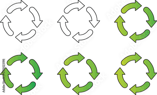 Circular Arrow Icons in Outline and Green Gradient Variations Keywords: circular arrow, recycle, refresh, repeat, loop, rotation, cycle, process, icon