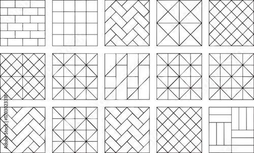 Collection of Fifteen Geometric Patterns and Designs in Black Outline tile brick
