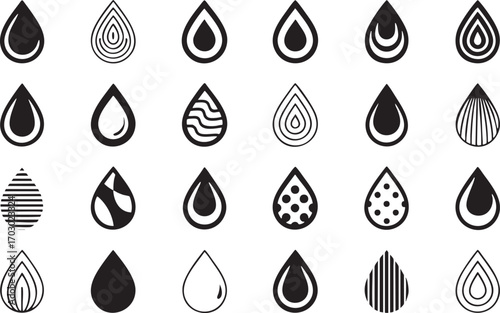 Collection of diverse water drop icons with various patterns and styles vector illustration
