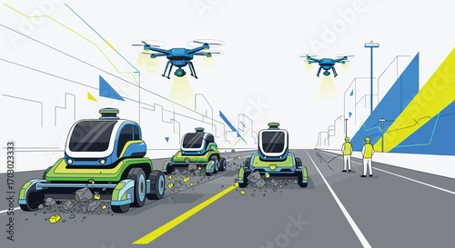 Autonomous vehicles and aerial drones navigate a futuristic urban road environment utilizing advanced technology for efficient operations and management