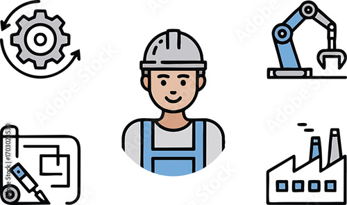 Construction Worker with Industrial Icons Including Gear, Blueprint, and Robot Arm Keywords: worker, construction, industry, engineer, builder, hard