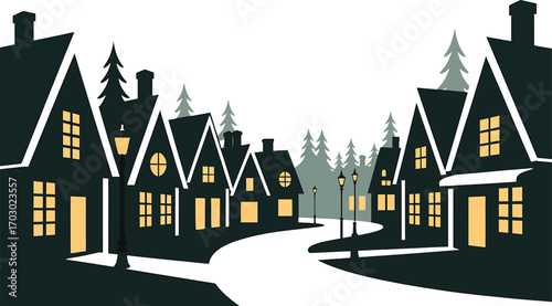 Cozy winter village scene with silhouetted houses and glowing windows at night Keywords: winter, village, night, snow, houses, cozy, glowing, windows