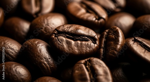 A closeup shot showcases the rich texture and deep brown color of roasted coffee beans, inviting warmth