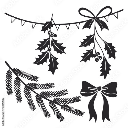Christmas decoration with fir branches, mistletoe and bows