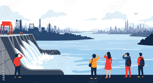 Observing the powerful hydroelectric dam generating clean energy for a city skyline