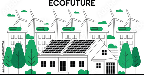 Eco friendly city skyline with wind turbines solar panels and green trees vector illustration