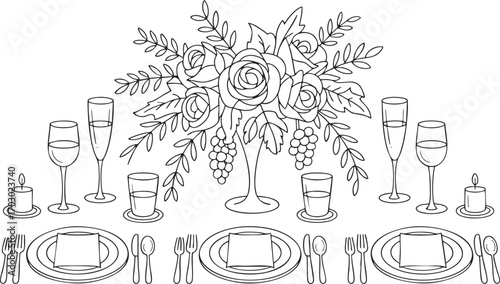 Elegant Hand Drawn Table Setting with Floral Arrangement and Candles for Celebration roses grapes