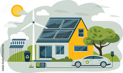 Eco Friendly Smart House with Solar Panels Wind Turbine and Electric Car Keywords: eco friendly, smart house, solar panels, wind turbine, electric car