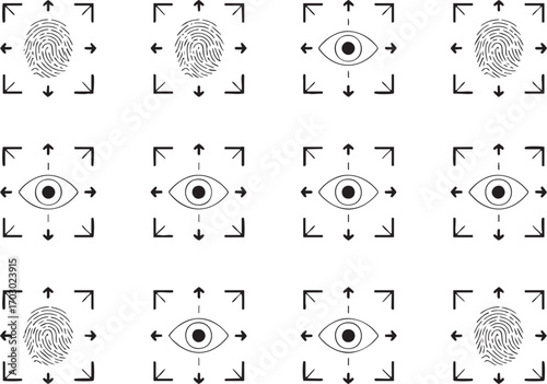 Grid of fingerprint and eye scan icons with directional arrows for security verification biometric