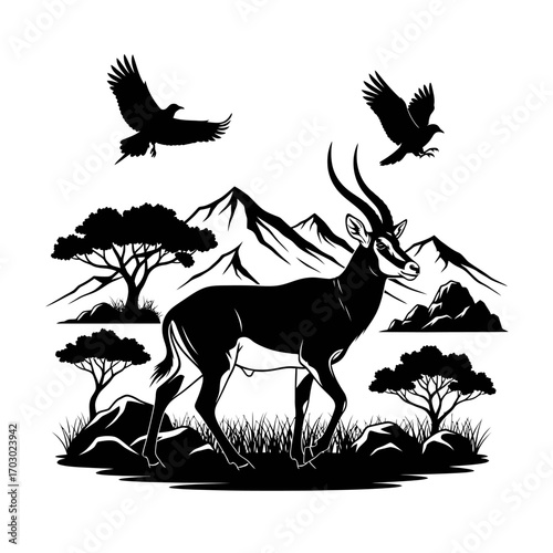Majestic Sable antelope stands tall amidst African savanna, with eagles soaring over mountains and acacia trees
