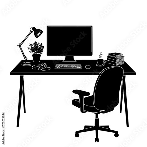 Modern home office setup with computer, chair, lamp, plant, headphones, coffee, and books