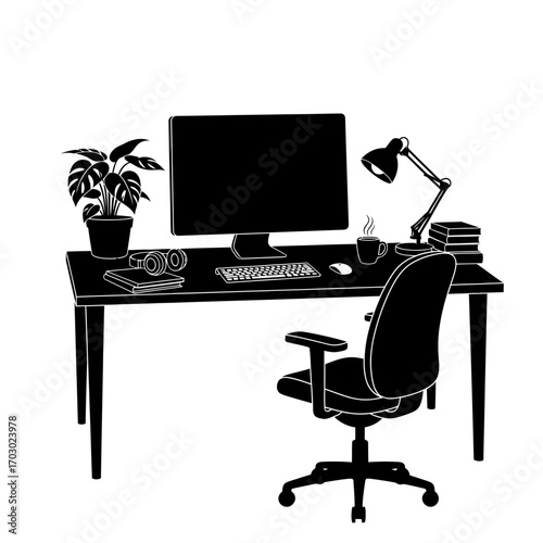 Modern home office setup with computer, lamp, books, and plant for productive work