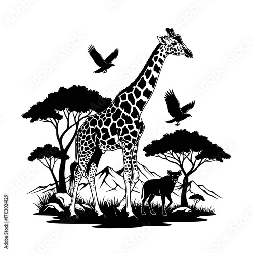 Majestic giraffe and antelope roam African savanna with soaring eagles under acacia trees