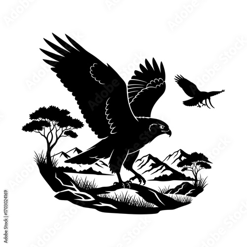 Majestic eagle soaring over rugged mountains and savanna landscape, symbolizing freedom and power
