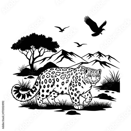 Majestic leopard prowls through wild landscape with soaring birds and rugged mountains