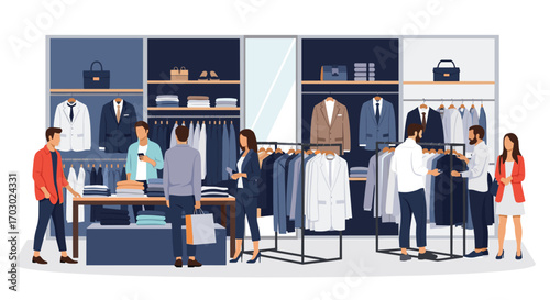 Diverse group of people shopping for fashionable clothing in a well-organized store interior