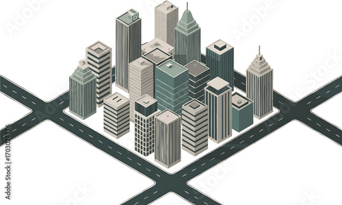 Isometric illustration of a city skyline with skyscrapers and roads on a white background Keywords: city, skyline, urban, isometric, illustration