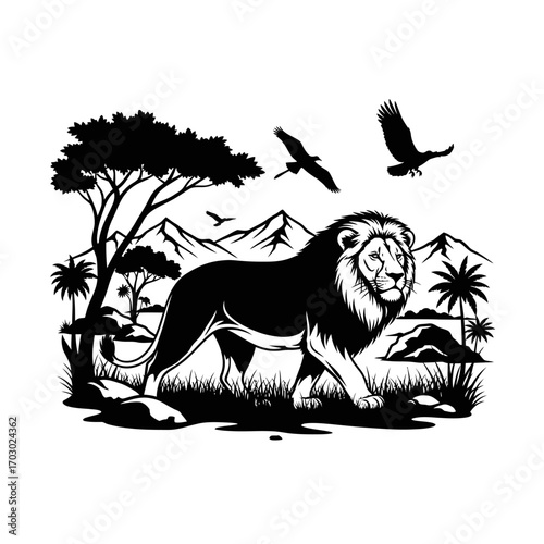 Majestic lion walks through African savanna landscape with eagles soaring above mountains