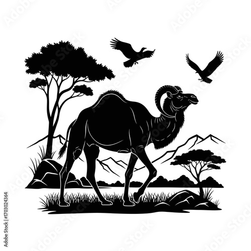 Majestic camel walks through arid landscape with soaring eagles above, evoking adventure and wild beauty.