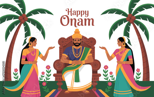 King Mahabali and Two Women in Traditional Attire Celebrating Onam Festival celebration Kerala