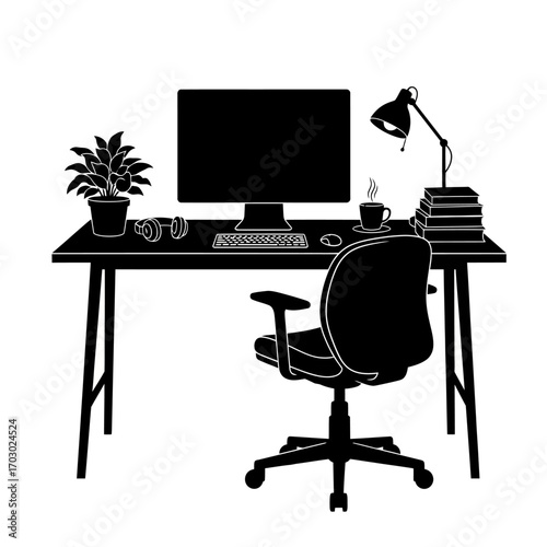 Modern home office setup with computer, headphones, and coffee for productive work and study
