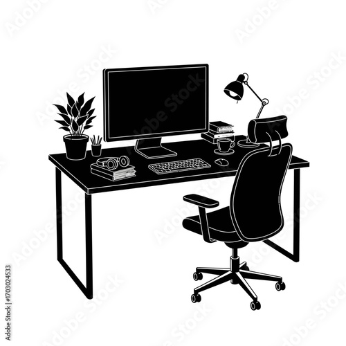 Modern home office setup with computer, desk, chair, lamp, and plant for productive work