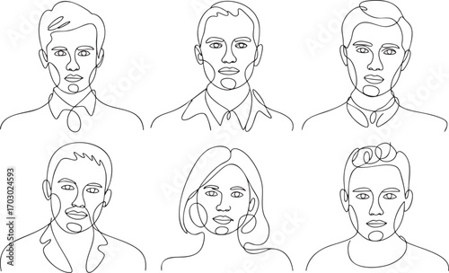 Minimalist Continuous Line Drawing Portraits of Six Diverse Individuals face head