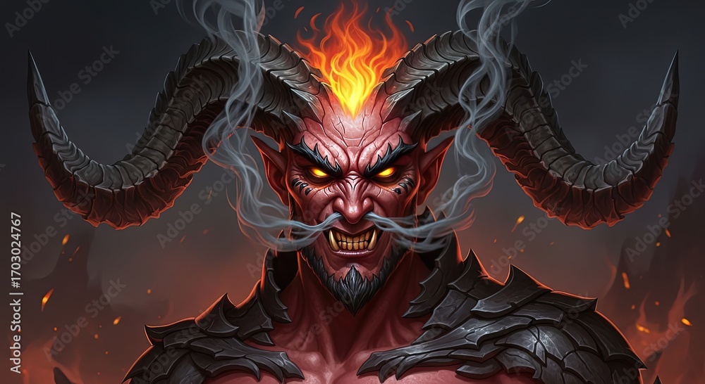 Naklejka premium Fearsome demon with glowing eyes and fiery horns breathes smoke, embodying dark power and menace