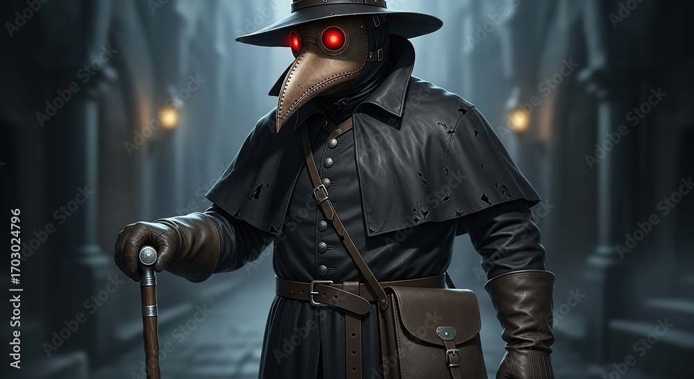 Fototapeta premium Mysterious plague doctor with glowing red eyes and cane in dark historical alley