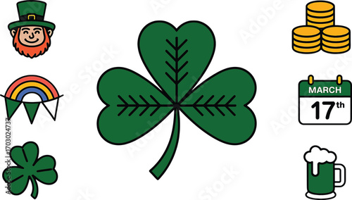Saint Patricks Day symbols leprechaun shamrock rainbow coins and beer Keywords: Saint Patricks Day, shamrock, leprechaun, rainbow, gold coins, beer